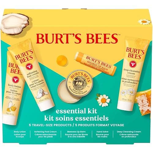 Burt's Bees Christmas Gifts - Essentials Everyday Set, 5 Travel Size Products for Stocking Stuffers - Deep Cleansing Cream, Hand Salve, Body Lotion, Foot Cream and Original Lip Balm - Image 1
