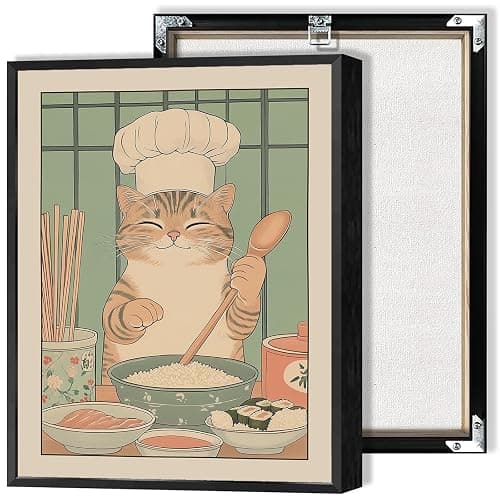 Retro Cute Cook Cat Canvas Posters Funky Japanese Cuisine Wall Art Tabby Cat With Chef Hat Prints Painting For Living Room Kitchen Dining Room Wall Decor 12x16in Unframed - Image 1