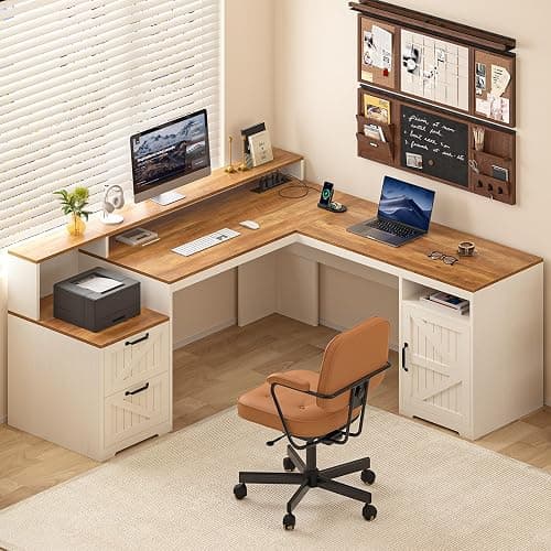 YOMILUVE 63" Farmhouse L Shaped Executive Desk with Drawers & Storage Shelf, Corner Computer Desk with Power Outlets, L Shaped Office Desk with Monitor Stand, Printer Shelf, Antique White - Image 1