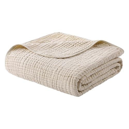 Yoofoss Muslin Blanket 100% Organic Cotton Throw Large 50" x 60" for Bed Couch Summer Gauze Blanket for Adults Lightweight and Breathable Apricot White - Image 1