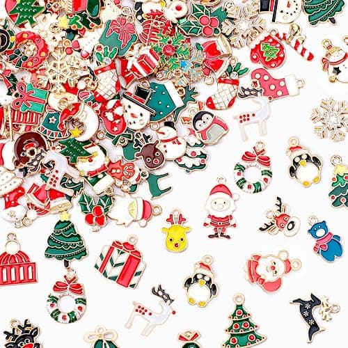 MARFOREVER 120 PCS Christmas Charms for Jewelry Making, Assorted Gold Enamel Snowman Elk Santa Xmas Tree Charm Pendants for DIY Bracelet Necklace Earrings Making Supplies Christmas Gifts - Image 1