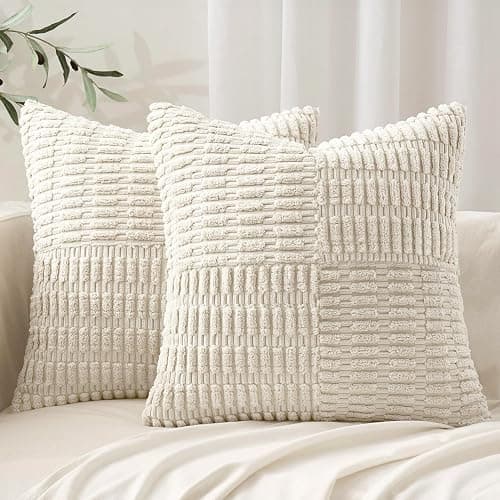 MIULEE Cream White Corduroy Pillow Covers Pack of 2 Boho Decorative Spliced Throw Pillows Soft Solid Couch Pillowcases Patchwork Textured Cushion Covers for Living Room Sofa 18x18 inch - 45L x 45W cm (Pack of 2) - Cream White - Image 1