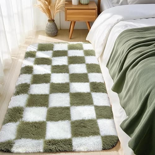 Ecoshag Soft Rugs for Living Room, 2x6 Ft Green and White Checkered Fluffy Shaggy Rugs for Indoor Use, High Pile Ultra Fuzzy Rug for Bedroom Kids Nursery Rooms,Home Decor Aesthetic - Green and White - 2x6FT - Image 1