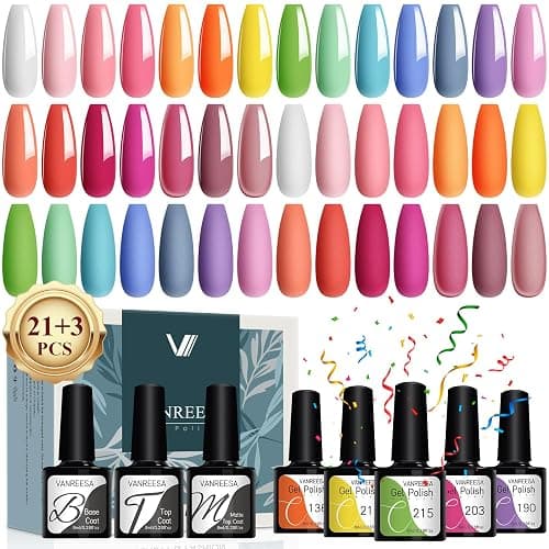 VANREESA 24 PCS Gel Nail Polish Set Spring Summer Colours Pink Blue Green Gel Polish Set Soak Off U V Nail Polish Kit with Base and Top Coat Nail Varnish DIY at Home Gifts for Women - Image 1