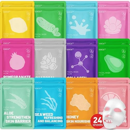KONEUK 24 Pack Sheet Hydrating Face Masks Skincare, Soothing & Moisturizing Face Mask for All Skin Types, Bulk Collagen Face Mask for Women Skin Care, Facial Masks Set Spa Gifts for Women - Image 1