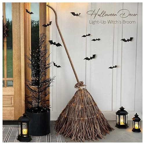 Halloween Decorations - Fall Decor for Home - 5.5 Ft Giant Light-Up Witches Broom - Rustic Farmhouse Decoration for Indoor Outdoor Front Door Porch - Image 1