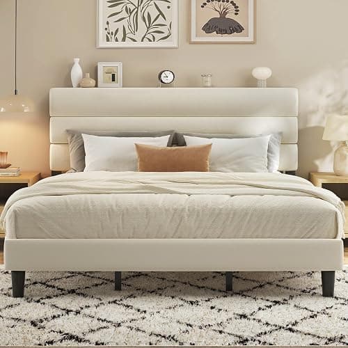 Fluest King Size Bed Frame, Platform Bed Frame with Velvet Upholstered Headboard, No Box Spring Needed, Sturdy Metal Support, Noise Free, Easy Assembly, Beige - Image 1