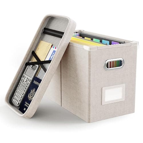 Oterri File Organizer Box with Lid, Hanging Filing File Box with Mesh Pocket, Document Organizer Box for Letter Files, Portable Storage Box with Smooth Sliding Rail for Office&Home (1 PCS, Beige) - Image 1