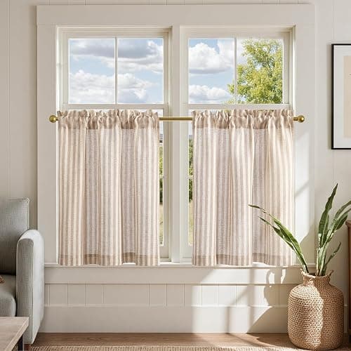 jinchan Striped Linen Kitchen Curtains 24 Inches Length Tier Curtains Farmhouse Modern Cafe Style Small Window Treatments Airy Light Filtering Rod Pocket for Living Room Bathroom 2 Panels Tan - Image 1