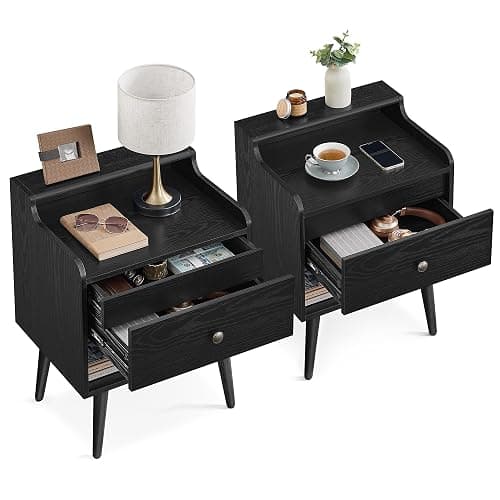 VASAGLE Nightstands, Set of 2, Bedside Tables with Hidden Drawers, Mid-Century End Side Tables with Solid Wood Legs, for Bedroom, Ebony Black ULET624B01 - Image 1