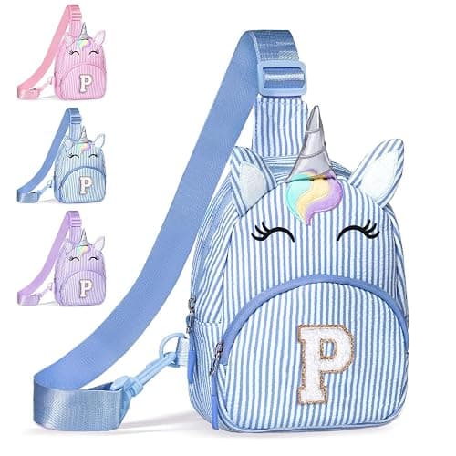COSHAYSOO Blue Little Girls Purse Unicorn Easter Basket Stuffers 3 4 5 6 7 8 Year Old Girl Birthday Gifts, Kids Crossbody Bag Fanny Pack Spring Break Fashion Cute Essentials Initial Letter P - Image 1