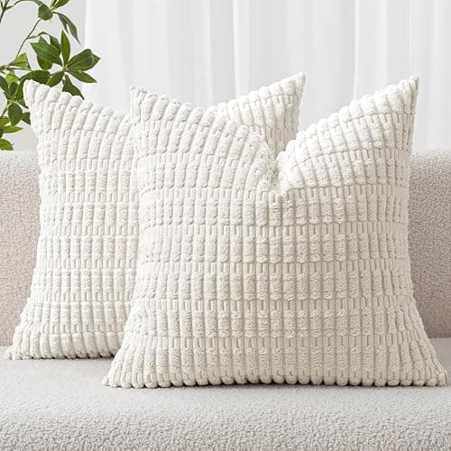 MIULEE Corduroy Decorative Throw Pillow Covers 16x16 Pure White Pack of 2 | Soft Boho Striped Pillow Covers Modern Farmhouse Home Decor For Sofa Living Room Couch Bed - Image 1