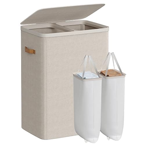 SONGMICS Laundry Basket, 44.9 Gal. Laundry Hamper, 2 Compartments, Easy Assembly, with Lid and Handles, Removable Liners, 22 x 15.7 x 29.5 Inches, Cappuccino Beige ULCB813L01 - Image 1