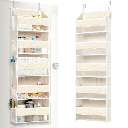 ULG 1 Pack Over Door Organizer with 5 Large Pockets 10 Mesh Side Pockets, Upgraded Linen Texture Over The Door Storage, 44 lbs Weight Capacity Hanging Storage Organizer, Ivory - Image 1
