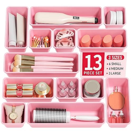 Canfanni 13 Pack Plastic Drawer Organizers Set, 3 Sizes Desk Drawer Organizer Trays for Vanity and Makeup Organizer, Organization and Storage for Makeup, Kitchen Utensils, Bathroom and Office(Pink) - Image 1