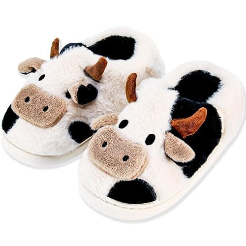 NZFUN Cow Slippers for Women and Men, Fluffy Cute Cozy Cartoon Fuzzy Cow House Slipper Womens Milky Cows Animal Preppy Funny Kawaii Pillow Cloud Fall Winter Bedroom Home Shoes for Indoor and Outdoor - Image 1
