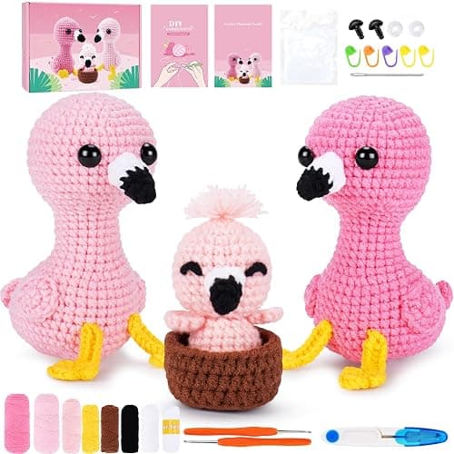 Crochet Kit for Beginners -Flamingo Family Crochet Kits with Step-by-Step Video Tutorials, Beginner Crochet Kit for Adults, Crochet Animal Kit for Kids, 3PCS Flamingo Crocheting Set(Pink) - Image 1