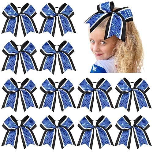 12 PCS 8" Large Glitter Cheer Bows Blue Black Girl Hair Bows Sparkly Cheerleading Softball Team Bow Hair Accessories for cheerleaders football Competition Sports - Glitter Blue Black 12PCS - Image 1