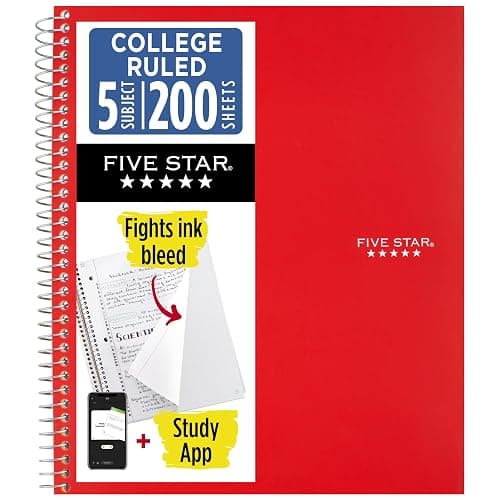 Five Star Spiral Notebook + Study App, 5 Subject, College Ruled Paper, 8-1/2" x 11", 200 Sheets, Fights Ink Bleed, Water Resistant Cover, Fire Red (72077) - Image 1