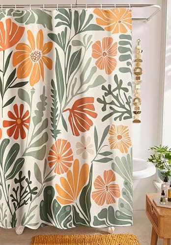 RoomTalks Cute Colorful Floral Extra Long Shower Curtain 84 Inch Funky Aesthetic Bathroom Decor - Heavy Duty Modern Abstract Matisse Flowers Plants Botanical Shower Curtain Set - Image 1