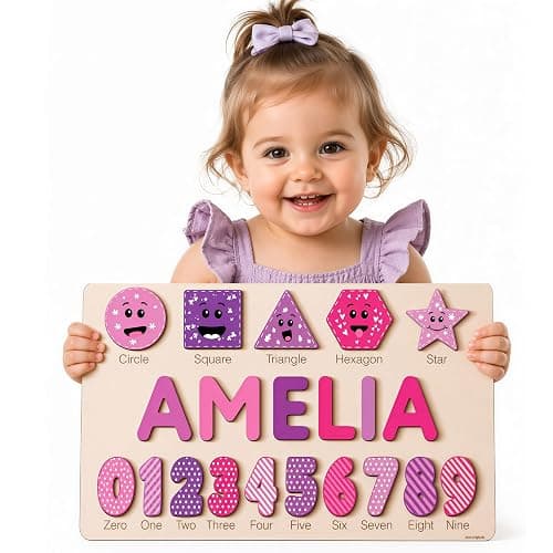 Zuzu Wooden Personalized Letter, Number and Shape Puzzle - 12 Options | First Birthday Gift for Toddlers Boys and Girls | Heirloom Keepsake - Image 1