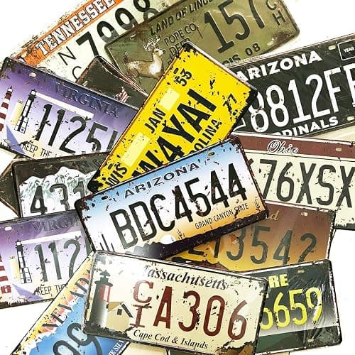Assorted License Plates, Retro Vintage US States Number Tags, Embossed Vanity Prop Tin Sign for Man Cave Garage DIY, 6X12 inch (6 pcs) - Image 1