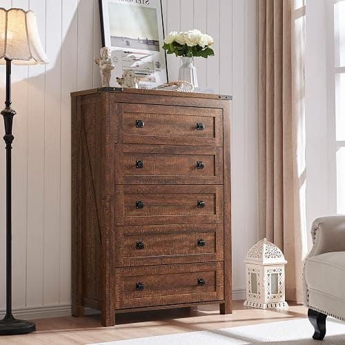 T4TREAM Farmhouse 5 Drawers Dresser Chests for Bedroom, Wood Rustic Tall Chset of Drawers,Dressers Organizer for Bedroom, Living Room,Hallway, Reclaimed Barnwood - Image 1