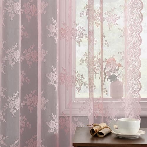 Kotile Pink Lace Curtains 63 Inch Length - Rustic Floral Patterned Pink Nursery Sheer Curtains, Rod Pocket Privacy Scalloped Lace Curtain for Girls Bedroom, 52 x 63 Inch, 2 Panels Set - Image 1