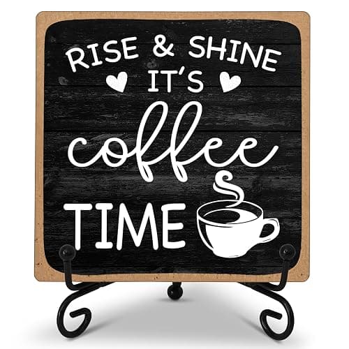 Farmhouse Coffee Bar Sign, Rise & Shine It's Coffee Time, 5"x5" Wood Plaque with Stand Gift for Home Kitchen Tabletop Decor -B09 - Image 1