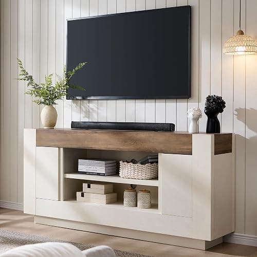 OKD Modern 70" TV Stand, Entertainment Center for TVs Up to 80", Media Console with Large Open Storage & Side Cabinets, Thick Wood Design for Living Room, Antique White - Image 1