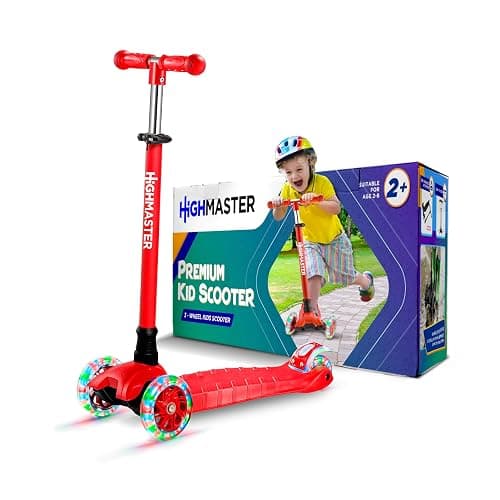 HighMaster Kids Scooter – 3 Wheel Kick Scooter for Children and Toddlers – Adjustable Handlebar with LED Wheel Lights – Indoor and Outdoor Fun - 3 Wheel Kick Scooter - Red - Image 1