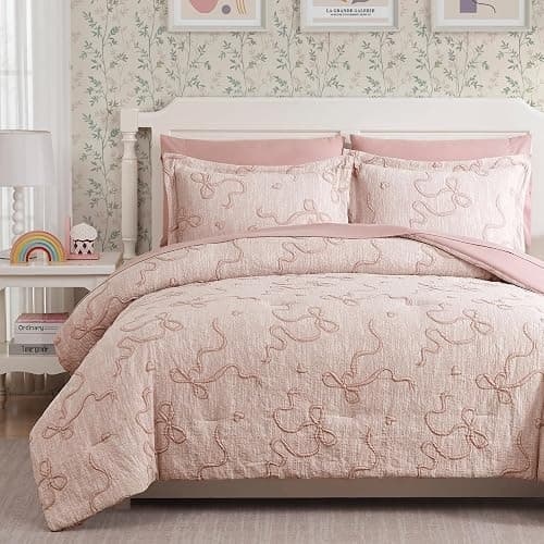 Geniospin Pink Twin Comforter Set for Girls- 5 Pieces Bowknot Jacquard Bed in A Bag Twin Bedding Sets with Sheets, Pillowcases & Shams, All Season Kids Comforter Set - Image 1