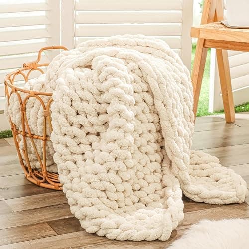 Bigacogo Chunky Knit Throw Blanket for Couch, 40x60 inches, 100% Hand Knitted with Thick Jumbo Chenille Yarn, Cozy Soft Large Rope Knot Cable Crochet Blankets for Sofa Bed Living Room, Beige - Image 1