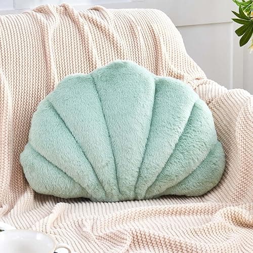 VBGYA Seashell Pillow, Sage Green Sea Shell Pillows for Bed, 18" Soft Shell Shaped Decorative Ocean Pillow with Faux Rabbit Fur, Cute Beach Room Decor Seashell Plush Pillows for Couch, Bed - Sage Green - 18 x 13 Inch - Image 1
