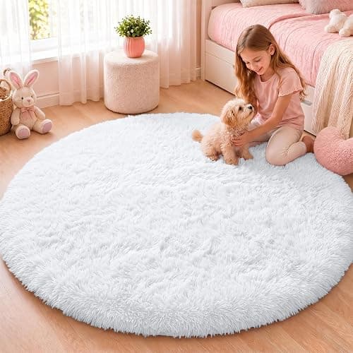 OLANLY White Round Rugs for Bedroom - Machine Washable, 4 ft Circle Area Rugs for Living Room, Soft and Fluffy Shaggy Carpet for Teen Girls and Boys, Nursery Rooms, Dorms, Home Decor Aesthetic - Image 1