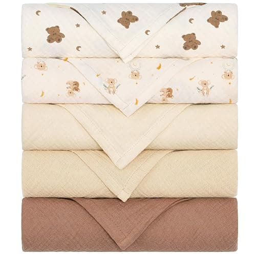 Yukkidds Mulltücher Baby Spucktücher 100% Baumwolle Spucktuch 60x60 cm Saugfähig und Atmungsaktive Wickeltücher Musselintücher 5er Set für Neugeborene Junge und Mädchen Brauner Bär - Image 1
