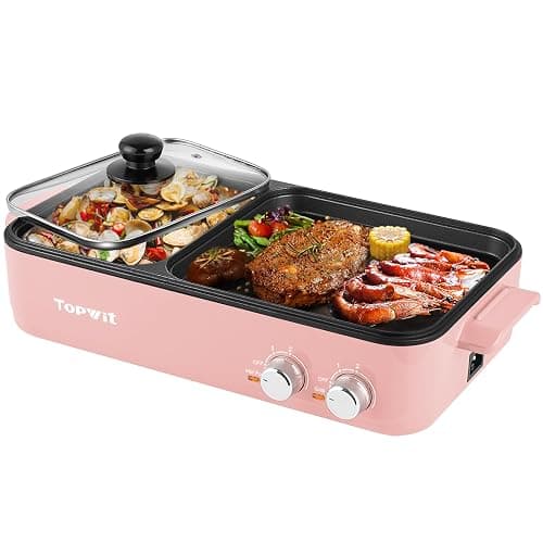 Topwit Hot Pot Electric with Grill, 2 in 1 Indoor Non-stick for Steaks, Shabu Shabu, Noodles, Simmer and Fry, Korean BBQ Grill, Independent Dual Temperature Control, Pink - Image 1