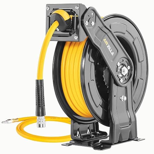 AIRZILLA Premium Steel Retractable Air Hose Reel With Dual Arm, 3/8"x50Ft Hybrid Polymer Hose, Heavy Duty Air Hose Reel included Auto Rewind Reel | Quick Air Coupler | Durable Double side Frame. - Image 1