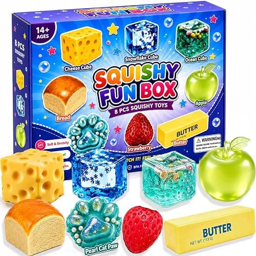 ATDRU 8 PCS Squishy Fun Box, Creative Squishy Box Set, Slow Rising Food & Stress Cube Toys, Soft Fidget Relief Desk Decor Birthday Party Gifts for Adults - Image 1