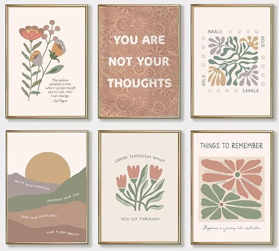 6Pcs Mental Health Wall Art Psychology Therapy Motivational Quotes abstract Boho floral Painting Pictures Poster Wall Decor Canvas Print Artwork for Bedroom Office Home Decoration - Image 1