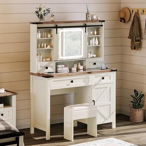 AMERLIFE 42'' Farmhouse Makeup Vanity Desk with Sliding Mirror and Lights, Glass Tabletop Vanity Table with 2 Drawers & Shelves for Bedroom(NO Bench), Antique White - Image 1