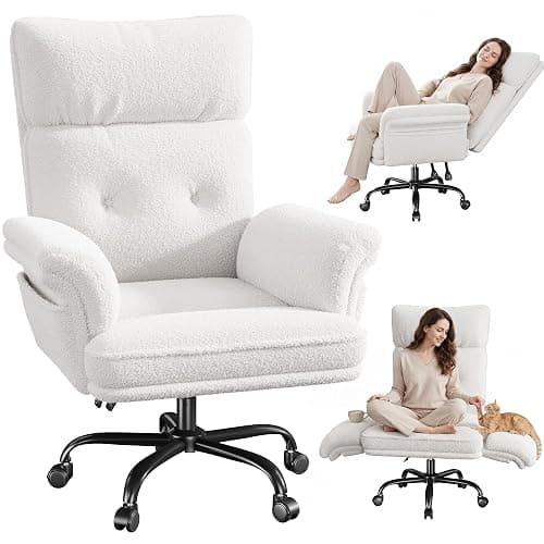 Criss Cross Chair with Armrests & Wheels for Cross-Legged Sitting,Ergonomic Computer Gaming Chair with Two Side Pockets,Teddy Plush Wide Seat Reclining Desk Chair for Home,Office,Beige - Image 1