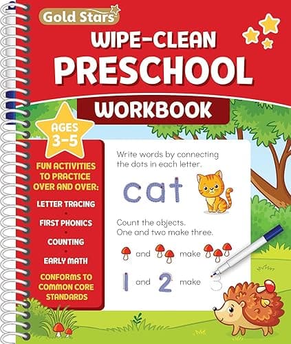 Wipe Clean Preschool Workbook for Kids Ages 3-5: Activities including Early Math, Letter and Number Tracing, First Phonics, Counting, Pen Control and More! Includes Dry Erase Marker - Image 1