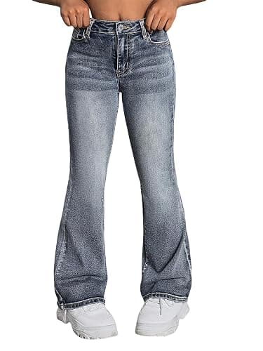 Peakpride Girls Jeans Flare High Elastic Waist Denim Pants Bell Bottom Stretch Cute Y2K Streetwear with Pockets 7-14Y - Image 1