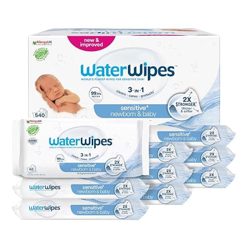 WaterWipes Sensitive+ Newborn & Baby Wipes, Salviettine per Neonati e Bambini, 540 Pezzi (9 Confezioni), Deterge, Cura, Protegge, 99,9% Acqua, Senza Profumo - Image 1