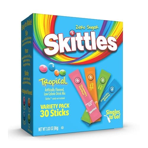 Skittles Singles To Go Tropical Variety Pack, Watertok Powdered Drink Mix, Includes 4 Flavors, Strawberry Starfruit, Mango Tangelo, Kiwi Lime, Pineapple Passionfruit, 1 Box (30 Servings) - Tropical Variety Pack - Image 1