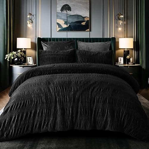 PHF Luxury Velvet Comforter Set Queen Size, 3 Pieces Ultra Soft Seersucker Ruched Bedding, Fluffy Textured Breathable Sherpa Fleece Bed Set with 1 Comforter, 2 Pillow Shams, 90"x90", Black - Image 1