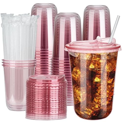 100 Sets 16oz Disposable Stemless Plastic Cups with Strawless Sip Lids, Clear PET Coffee Cups for Iced Coffee, Smoothies, Cold Drinks, Halloween, Christmas, Party and Drink Shop Supplies (Pink (16oz)) - Image 1