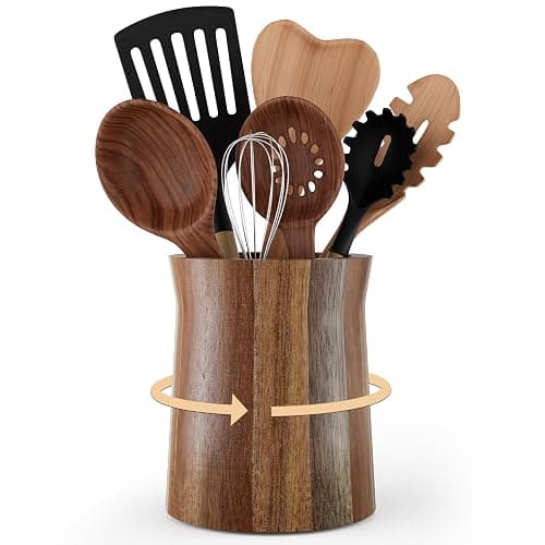 Segtenant Utensil Holder, Acacia Wood Utensil Holder for Kitchen Counter, 360° Rotating Cooking Utensil Crocks for Countertop, 7.2" Large Utensil Organizer for Spatula Storage - Image 1