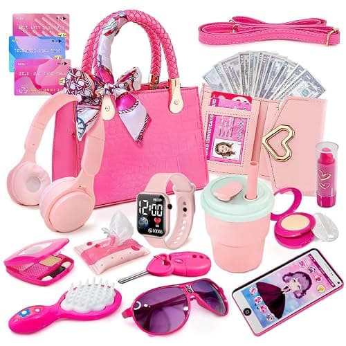 Little Girl Purse with Pretend Makeup for Toddlers, Kids Play Purse Set - Includes Handbag, Pretend Play Headset, Wallet, Phones, Sunglasses, Keys, Credit Cards, Birthday Gift for Girls Age 3+ - Image 1